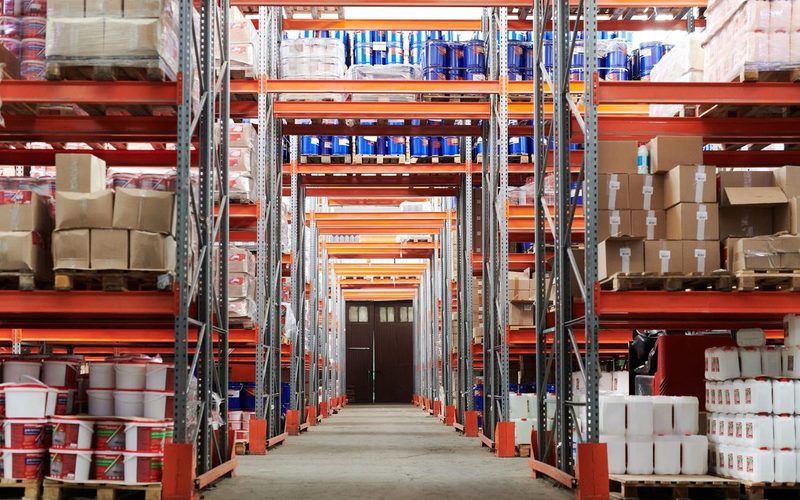 Goods on racking in a transit warehouse